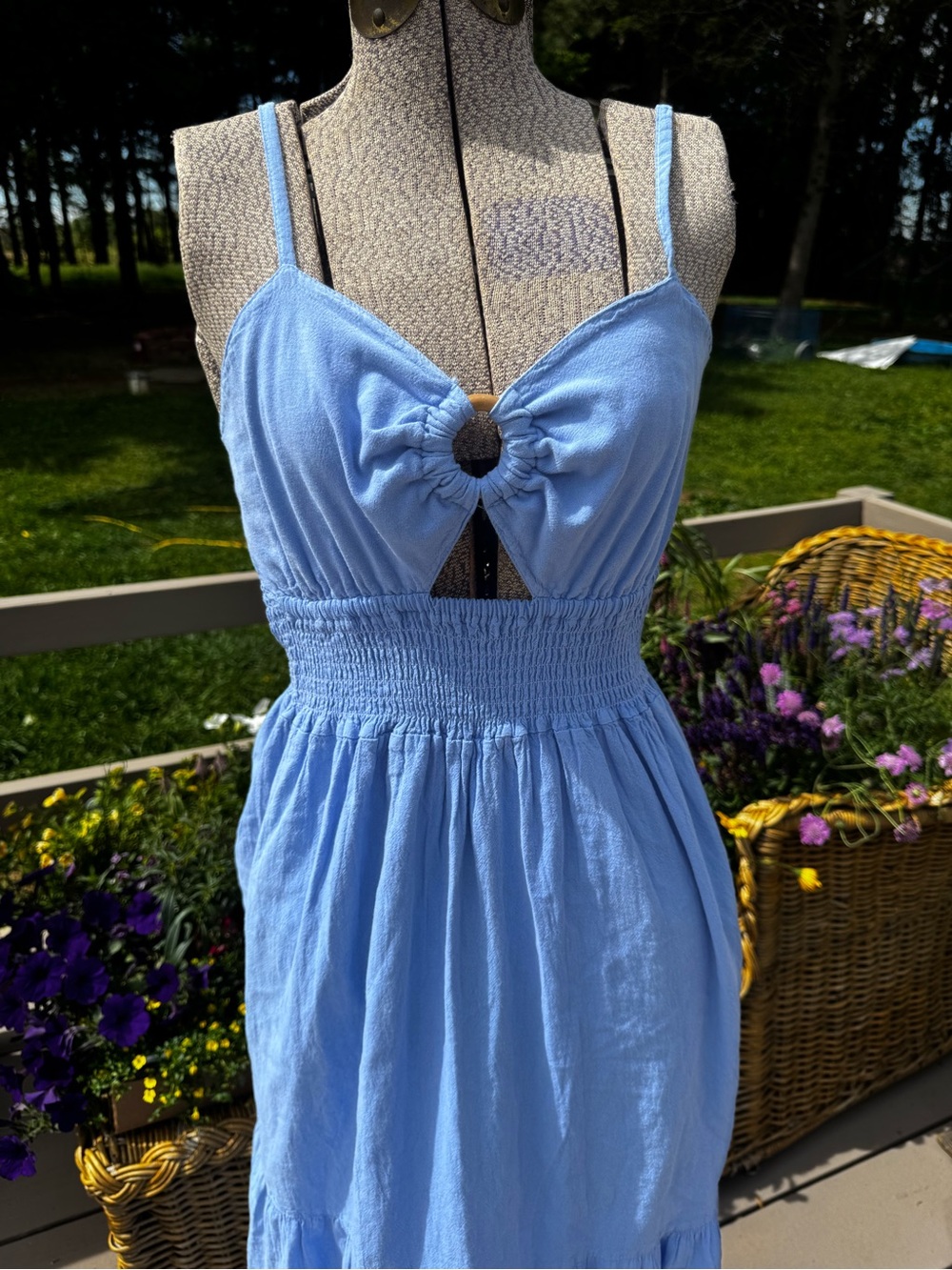 New Light Blue Smocked Maxi Dress with Tie Front - made in Peru - Picture 2 of 8